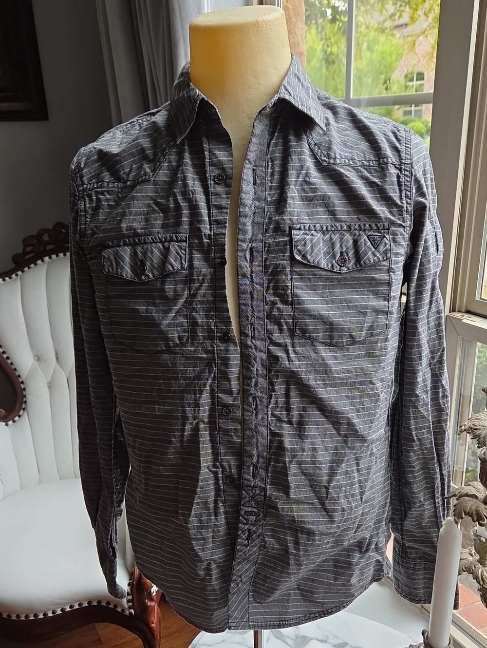 Guess Men's Gray Striped Lightweight Shirt Jacket